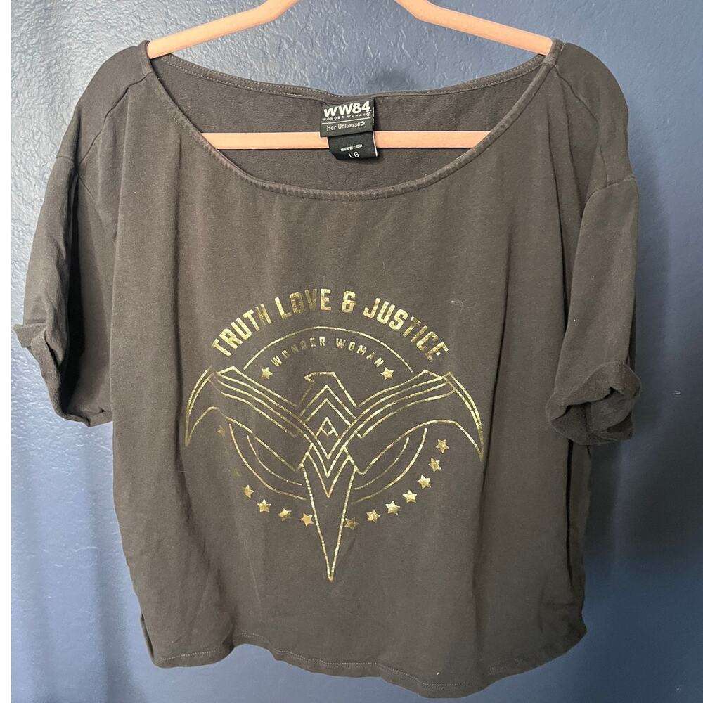 Wonder Woman WW84 Graphic Tee Shirt Gray Gold Logo Wide Fit Top Size Large